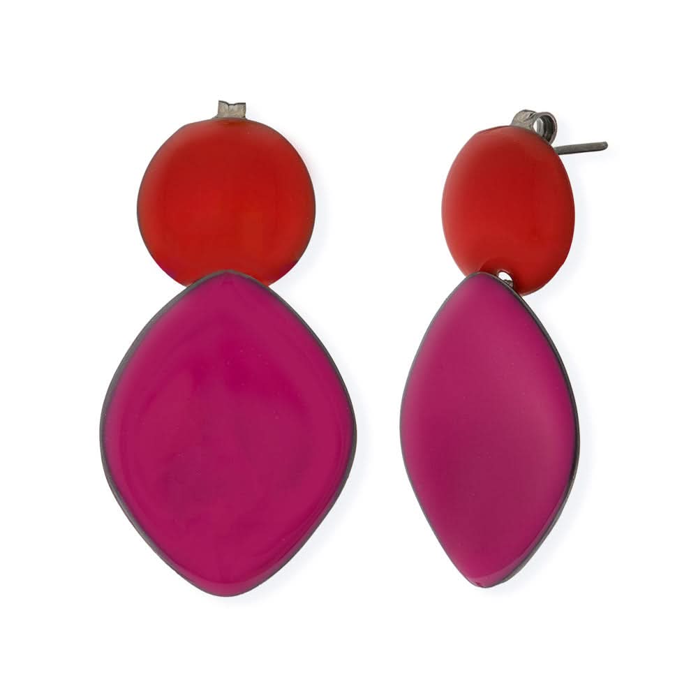 Handmade Rhodium Plated Silver Dangle Earrings with Red &amp; Fucsia Enamel - Anthos Crafts