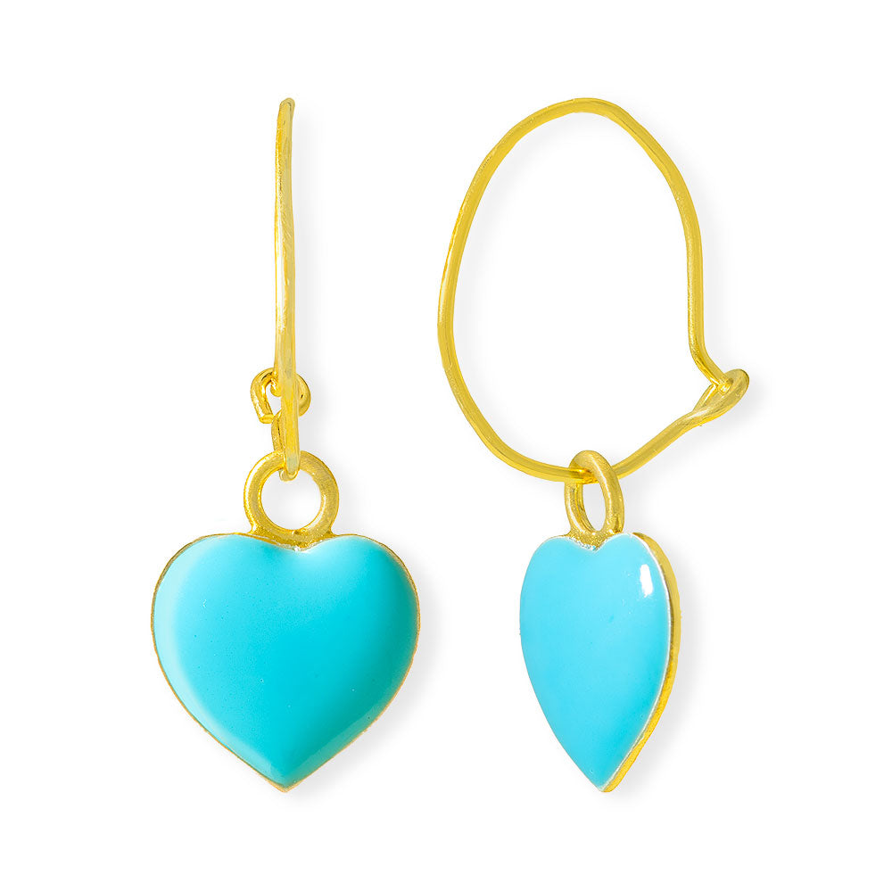 Handmade Gold Plated Silver Heart Dangle Earrings With Turquoise Enamel - Anthos Crafts