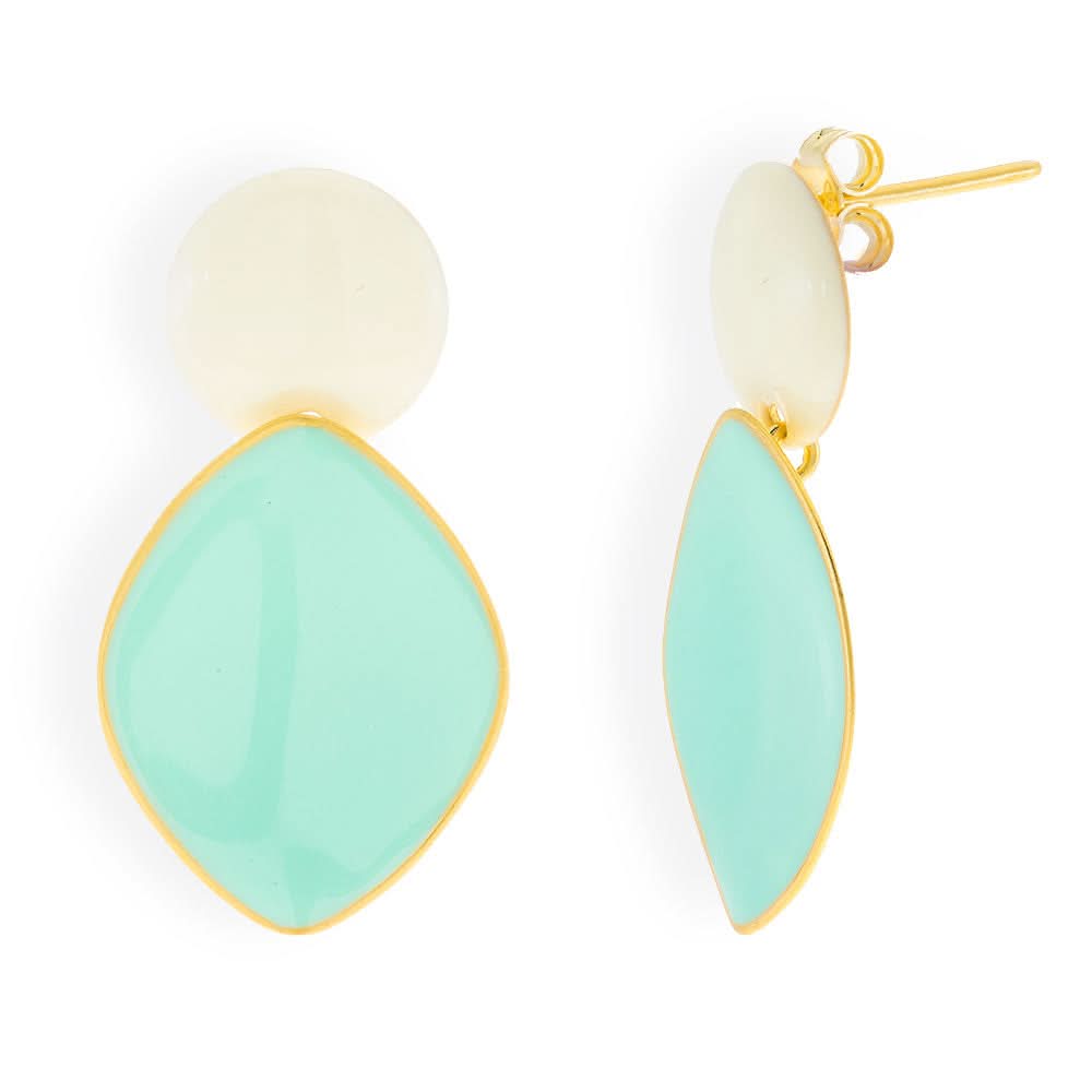 Handmade Gold Plated Silver Dangle Earrings with Light Green & Ecru Enamel - Anthos Crafts