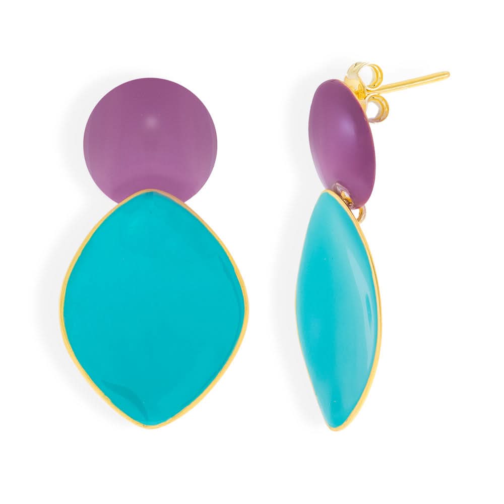 Handmade Gold Plated Silver Dangle Earrings with Purple & Tourquoise Enamel - Anthos Crafts