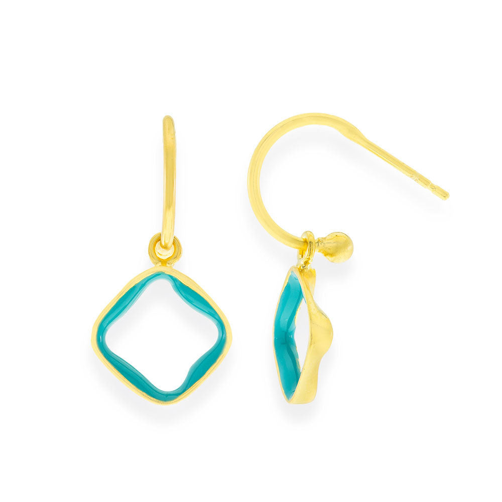 Handmade Gold Plated Silver Earrings with Turquoise Enamel Small Rhombuses - Anthos Crafts