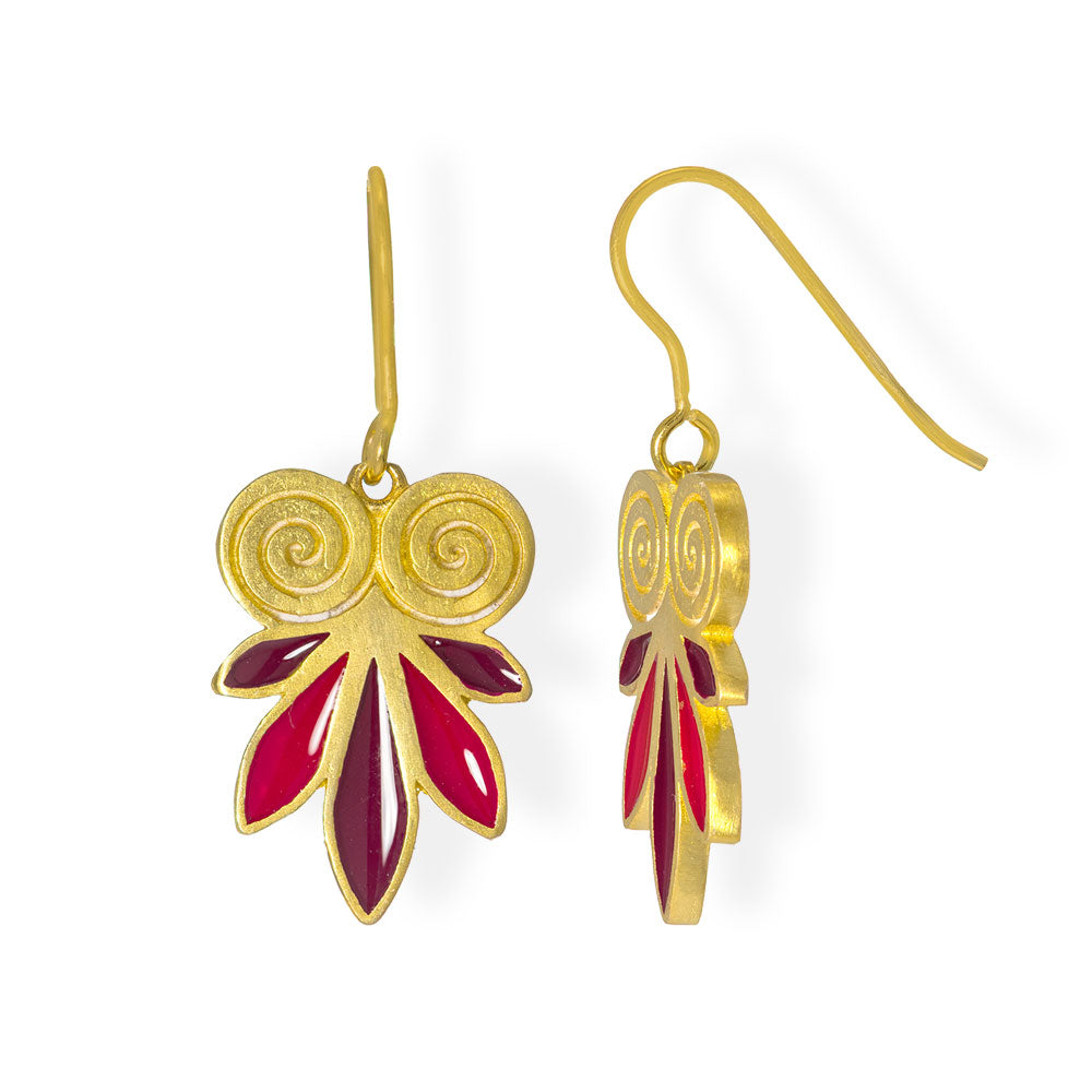 Handmade Gold Plated Silver Earrings with Purple & Dark Red Enamel - Anthos Crafts