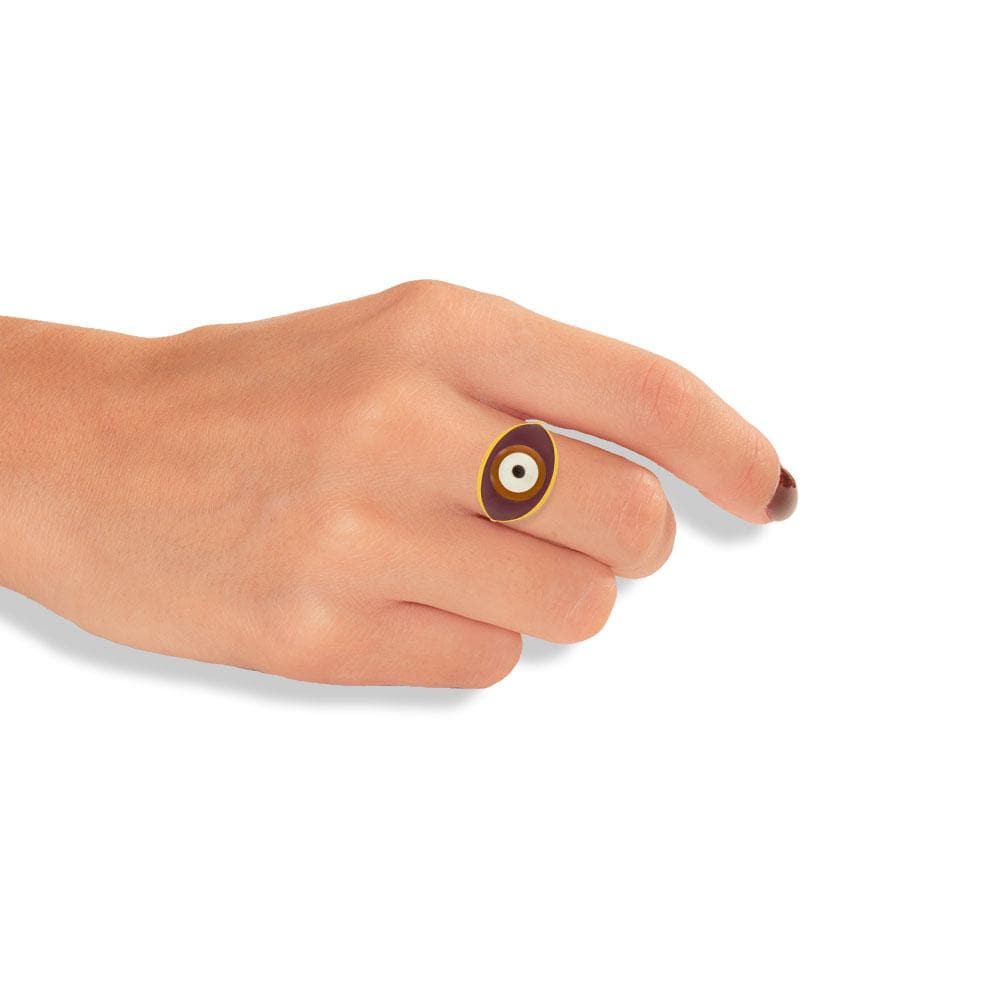 Handmade Gold Plated Silver Ring With A Burgundy Chestnut Enamel Evil Eye - Anthos Crafts