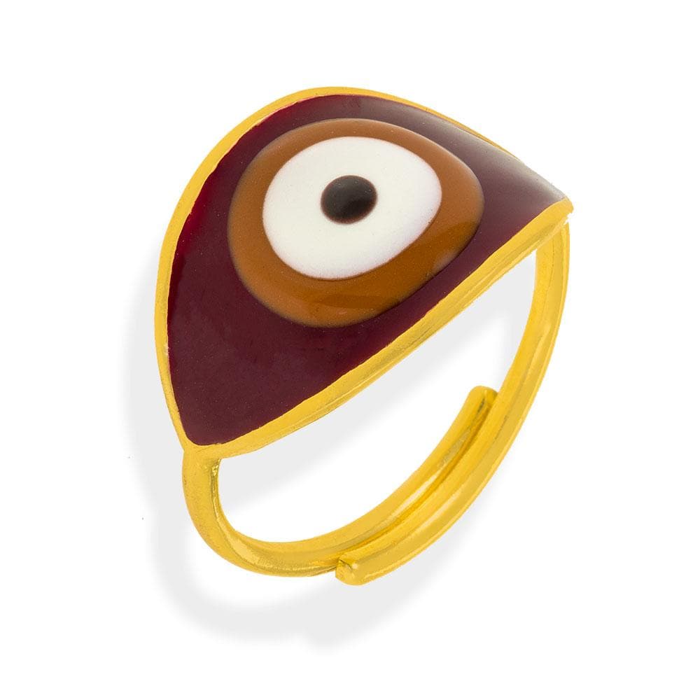 Handmade Gold Plated Silver Ring With A Burgundy Chestnut Enamel Evil Eye - Anthos Crafts