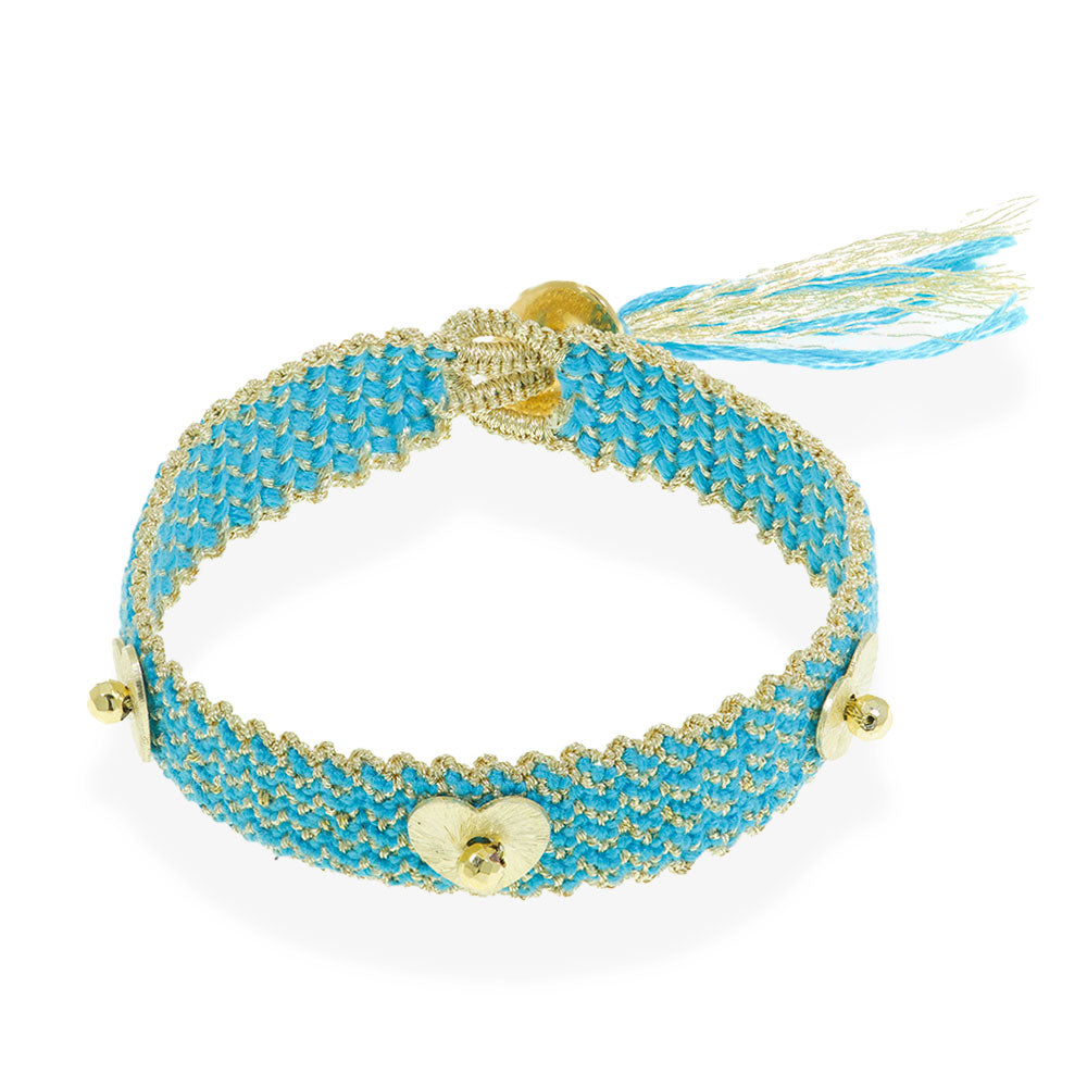 Handmade Macrame Turquoise Gold Bracelet With Gold Plated Silver Hearts - Anthos Crafts