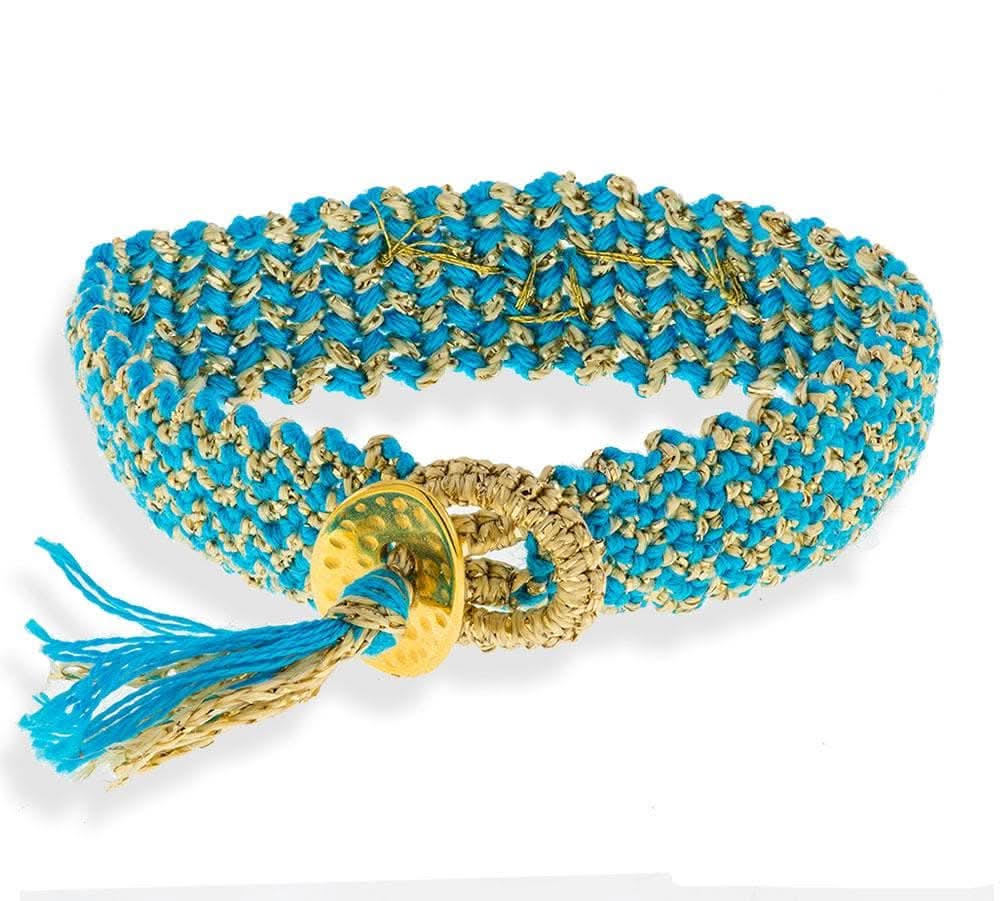 Handmade Macrame Turquoise Gold Bracelet With Gold Plated Silver Hearts - Anthos Crafts