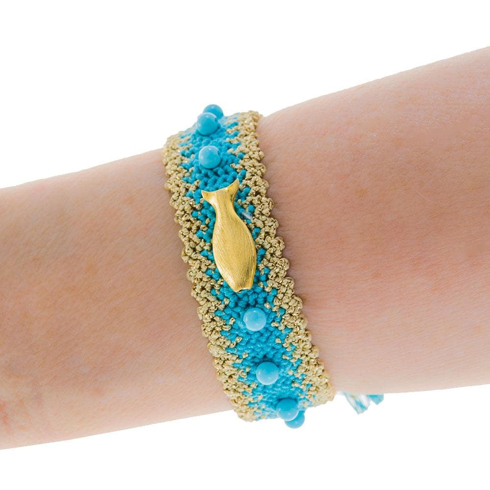 Handmade Macrame Turquoise Gold Fish Bracelet - Anthos Crafts