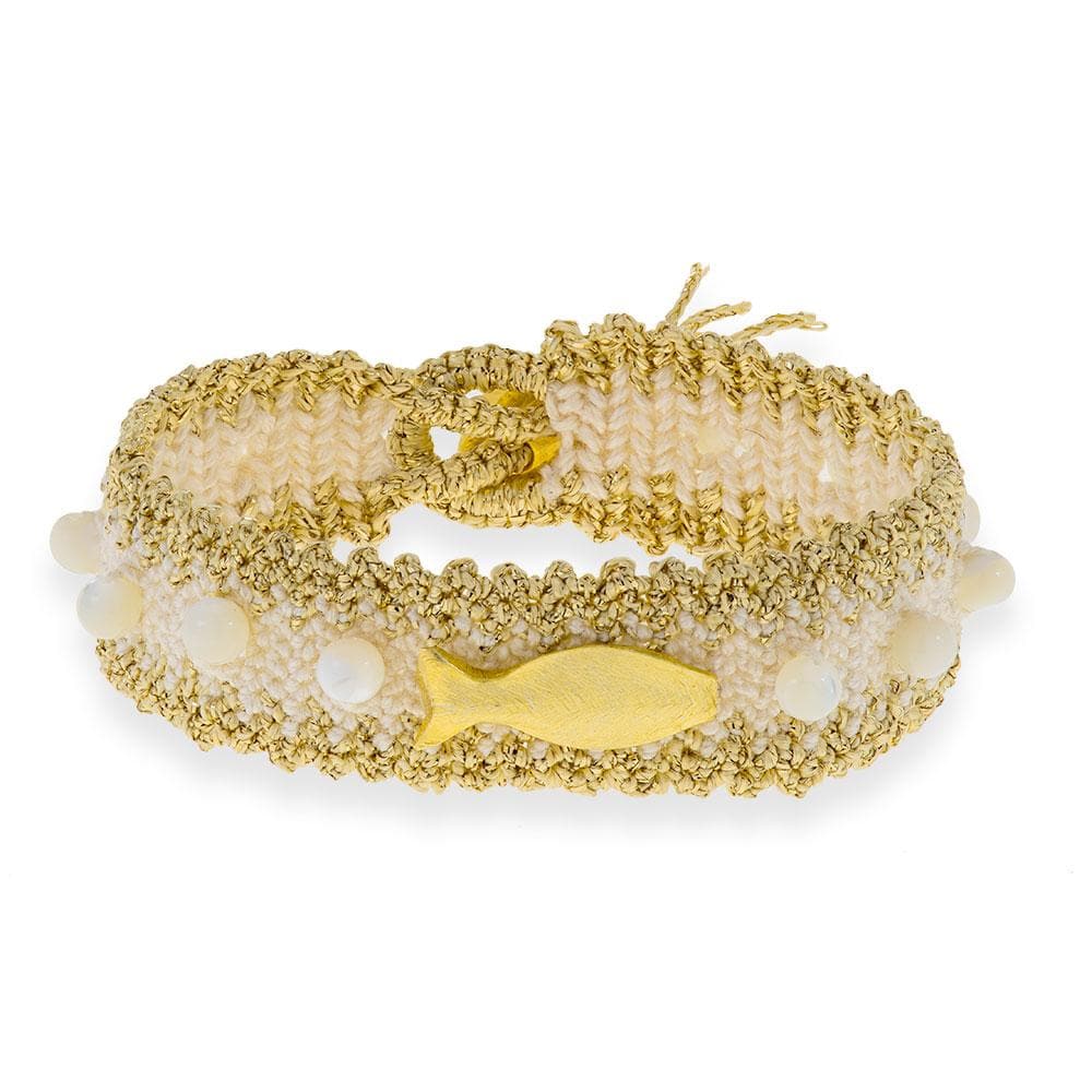 Handmade Macrame Ecru Gold Fish Bracelet - Anthos Crafts