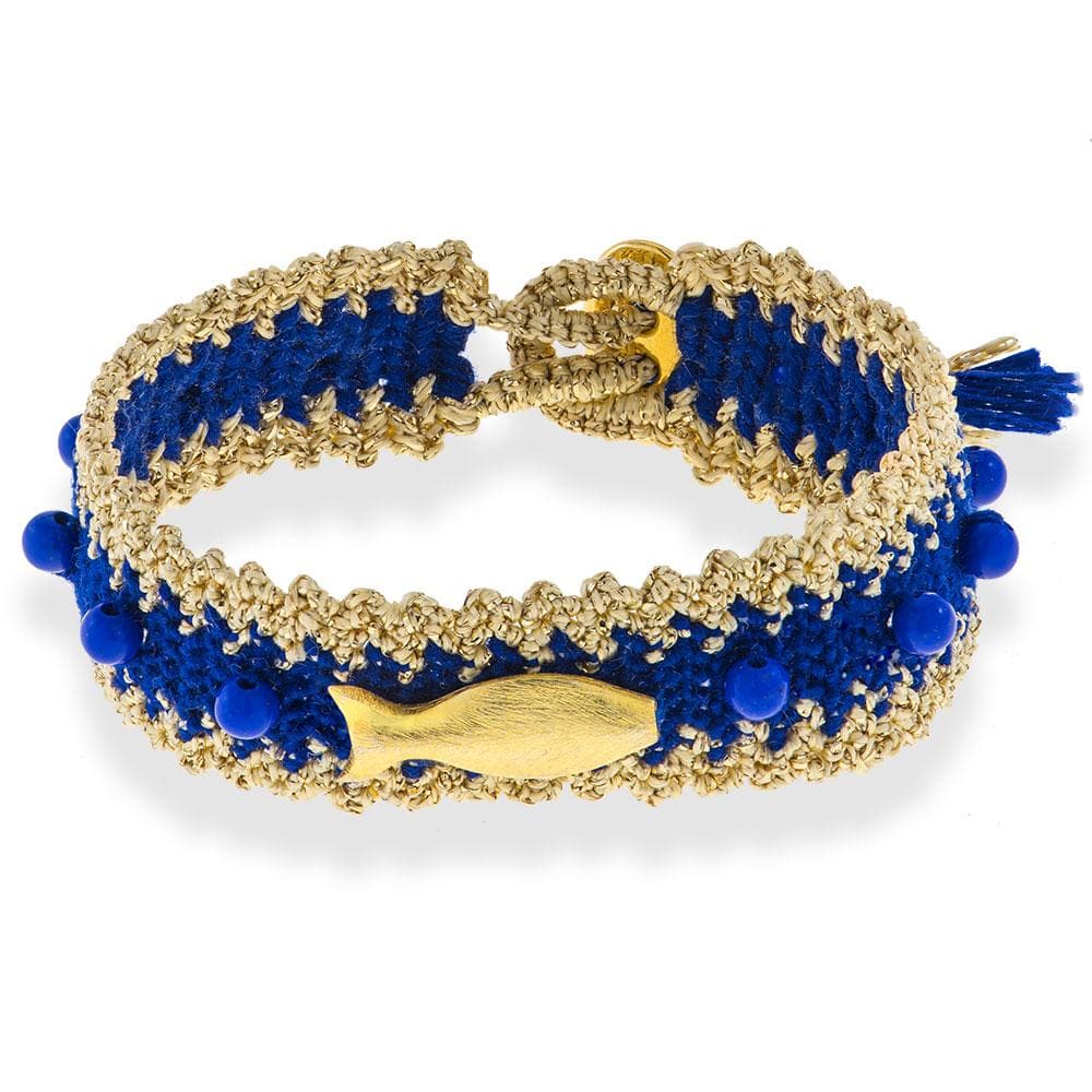 Handmade Macrame Royal Blue Gold Fish Bracelet - Anthos Crafts