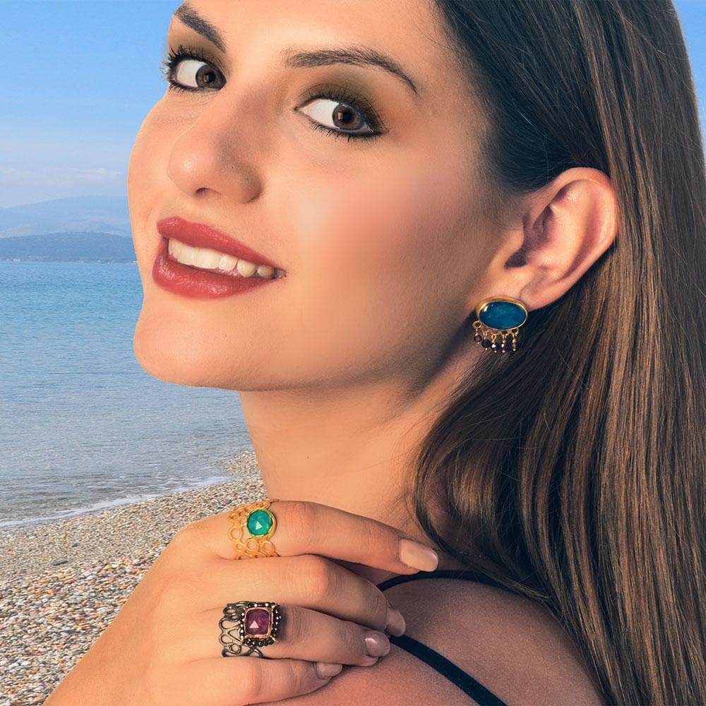 Handmade Gold Plated Silver Stud Earrings With Kyanite & Rhodolite Gemstones - Anthos Crafts