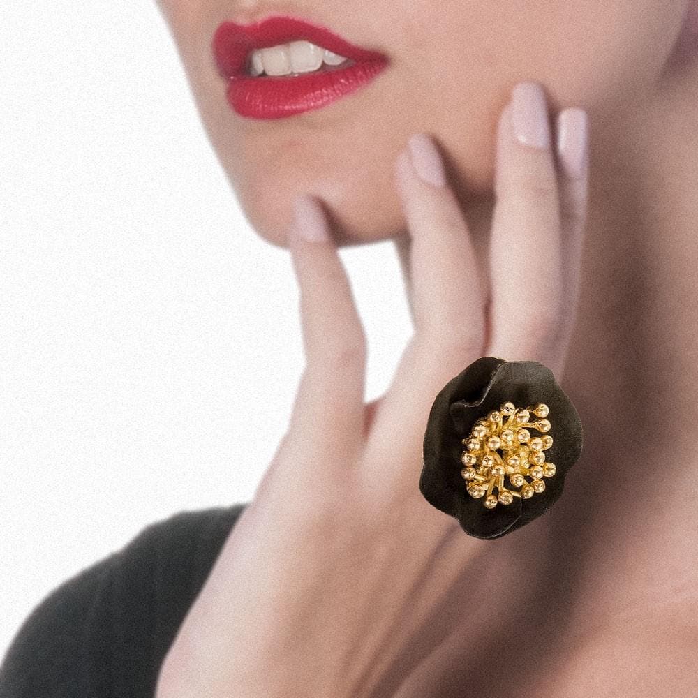 Handmade Gold Plated Silver Black Flower Ring - Anthos Crafts
