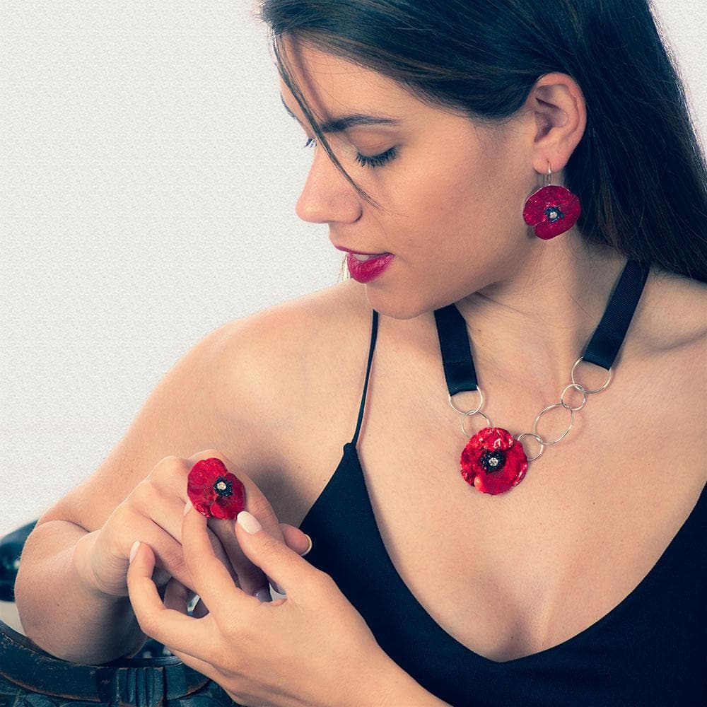 Handmade Silver Red Poppy Flower Impressive Short Drop Earrings - Anthos Crafts