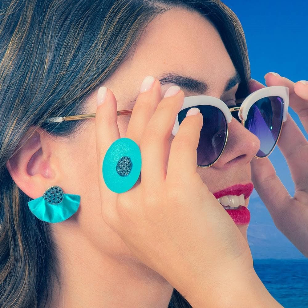 Handmade Gold Plated Silver Turquoise Stud Earrings With Black Zirconia - Anthos Crafts