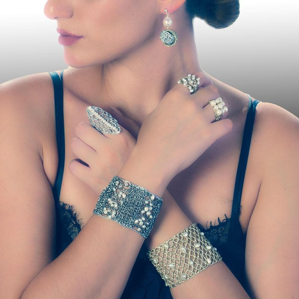 Handmade Silver Plated Crochet Knit Rhombus Ring With Pearls - Anthos Crafts