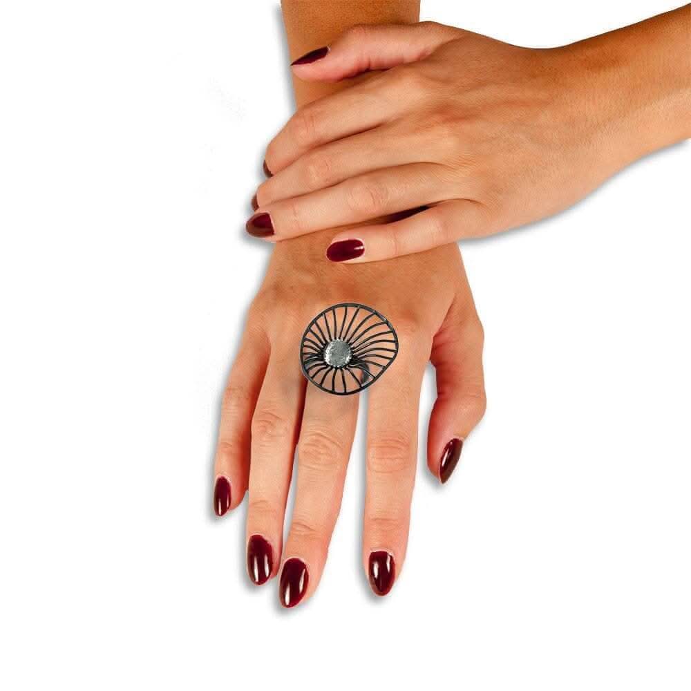 Handmade Black Plated Silver Flower Ring - Anthos Crafts