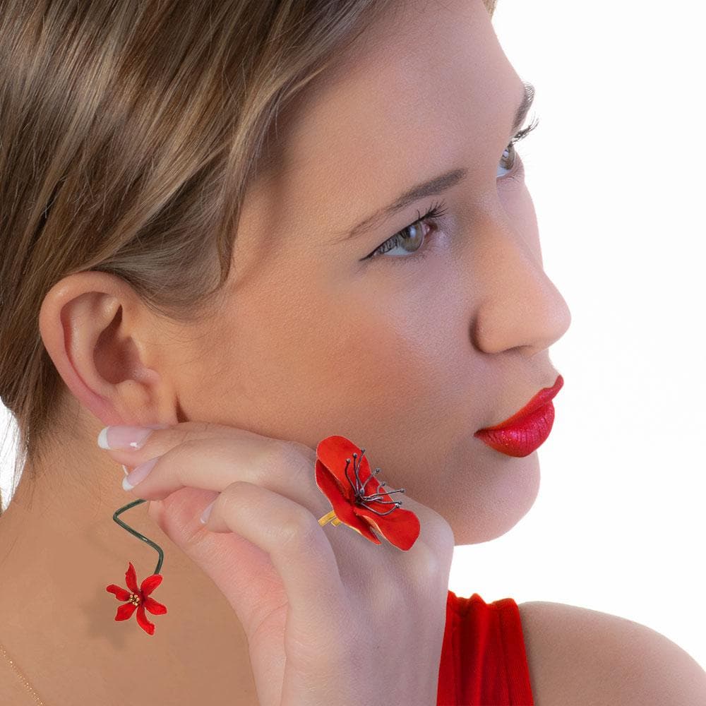 Handmade Black Plated Silver Red Flower Spiral Drop Earrings - Anthos Crafts