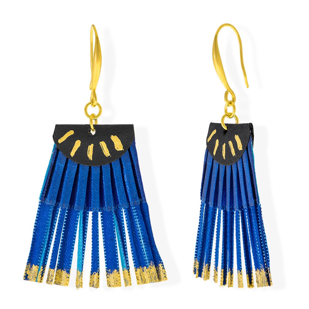 Satin Pleated Drop Earrings Scallop Blue Tourquoise - Anthos Crafts