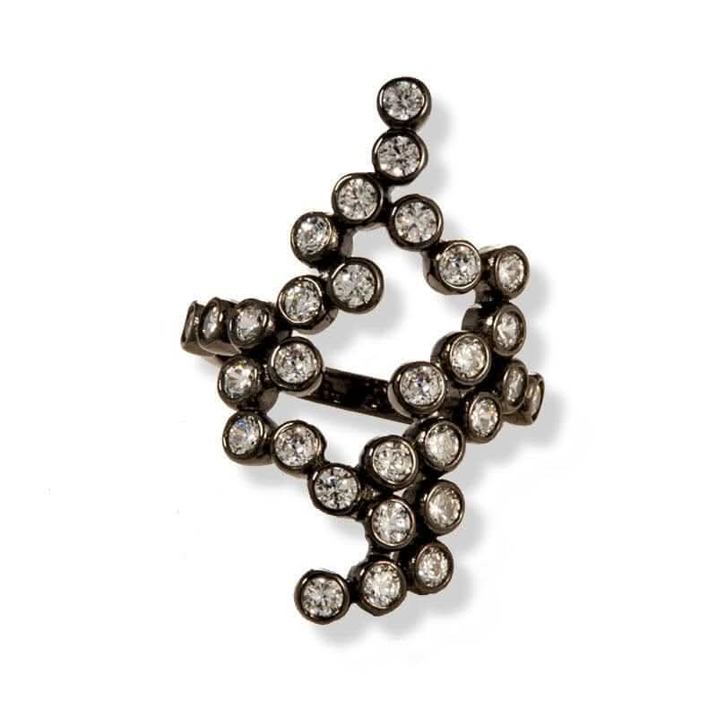 Black Plated Silver Long Ring With Clear Cubic Zirconia - Anthos Crafts