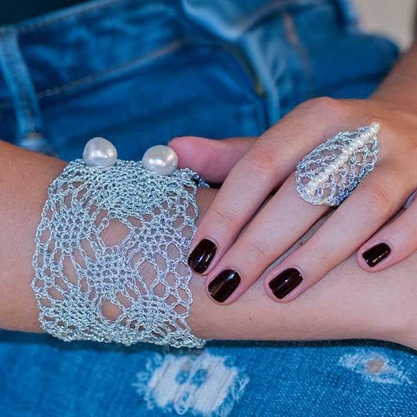 Handmade Silver Plated Crochet Knit Rhombus Ring With Pearls - Anthos Crafts