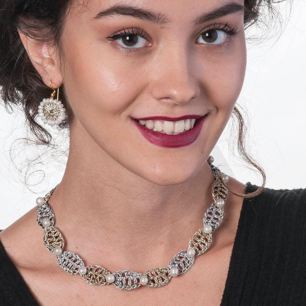 Handmade Gold Plated Crochet Drop Earrings With Pearls - Anthos Crafts