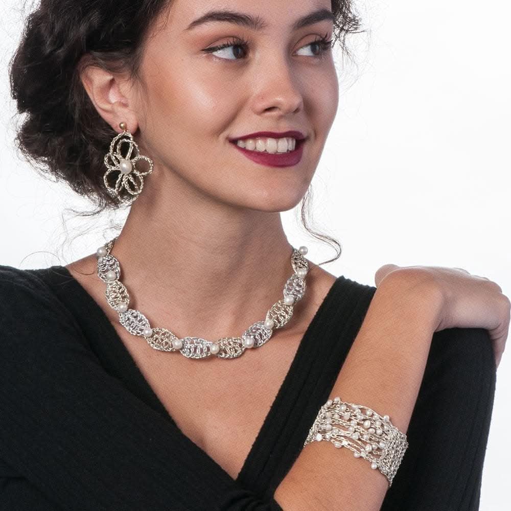 Handmade Gold Plated Knitted Crochet Bracelet with Freshwater Pearls - Anthos Crafts