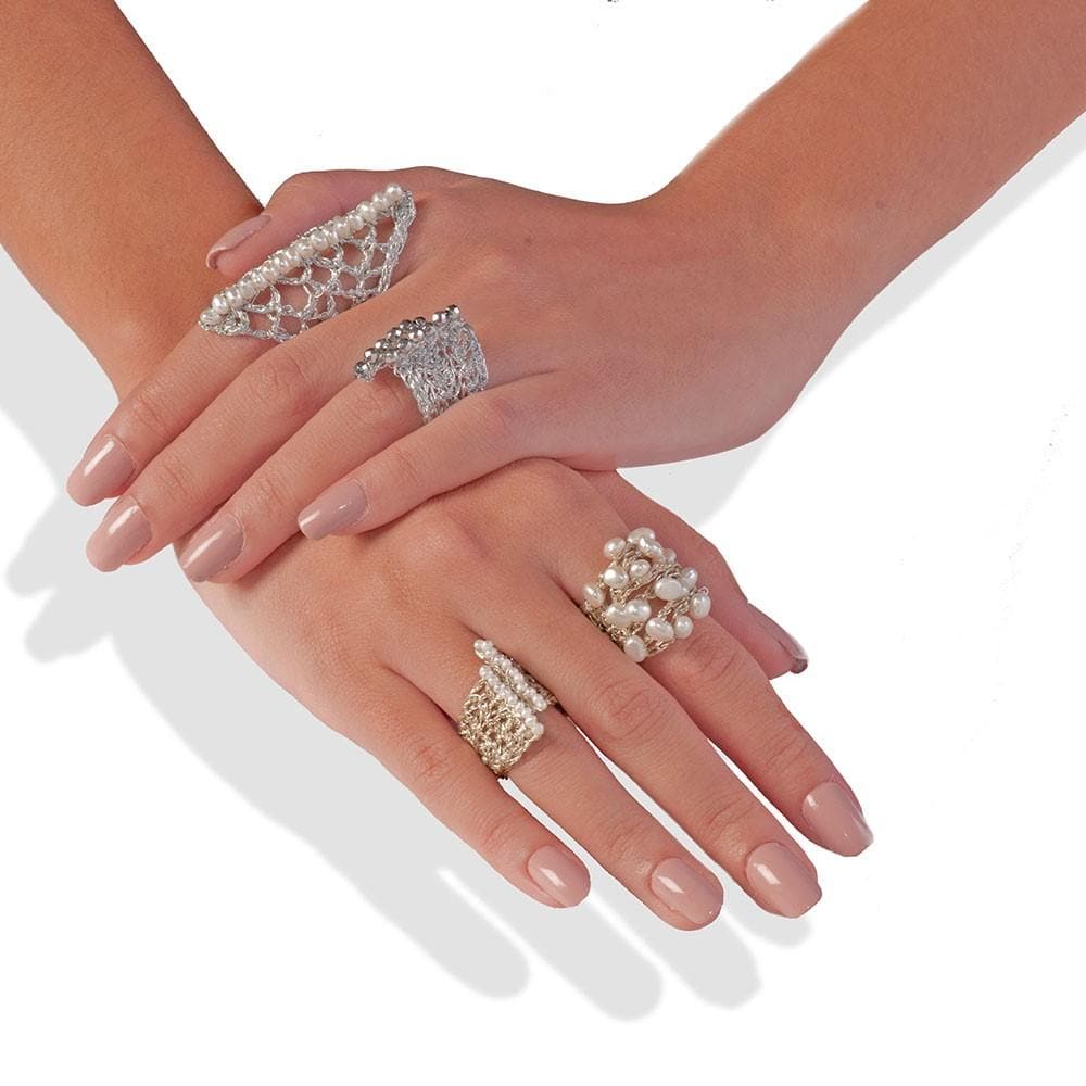 Handmade Silver Plated Crochet Knit Rhombus Ring With Pearls - Anthos Crafts