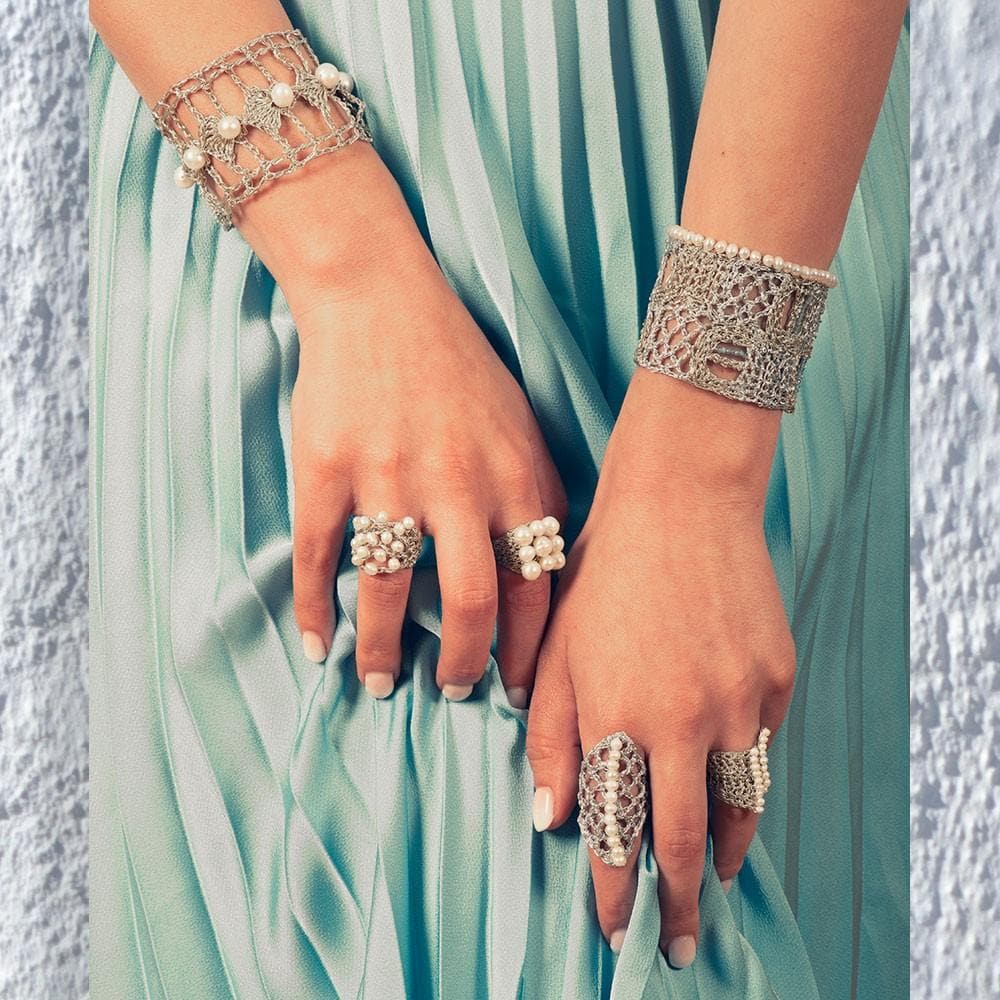 Handmade Silver Plated Crochet Knit Rhombus Ring With Pearls - Anthos Crafts