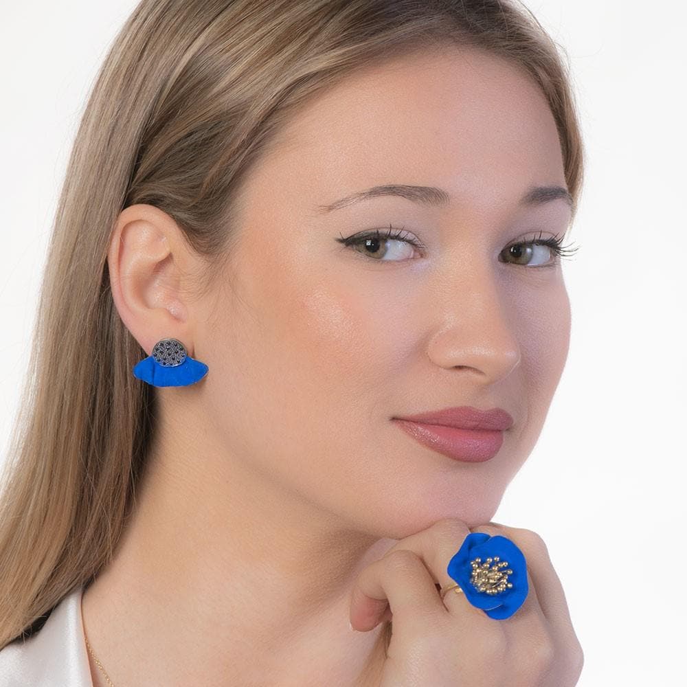 Handmade Gold Plated Silver Royal Blue Stud Earrings With Black Zirconia - Anthos Crafts