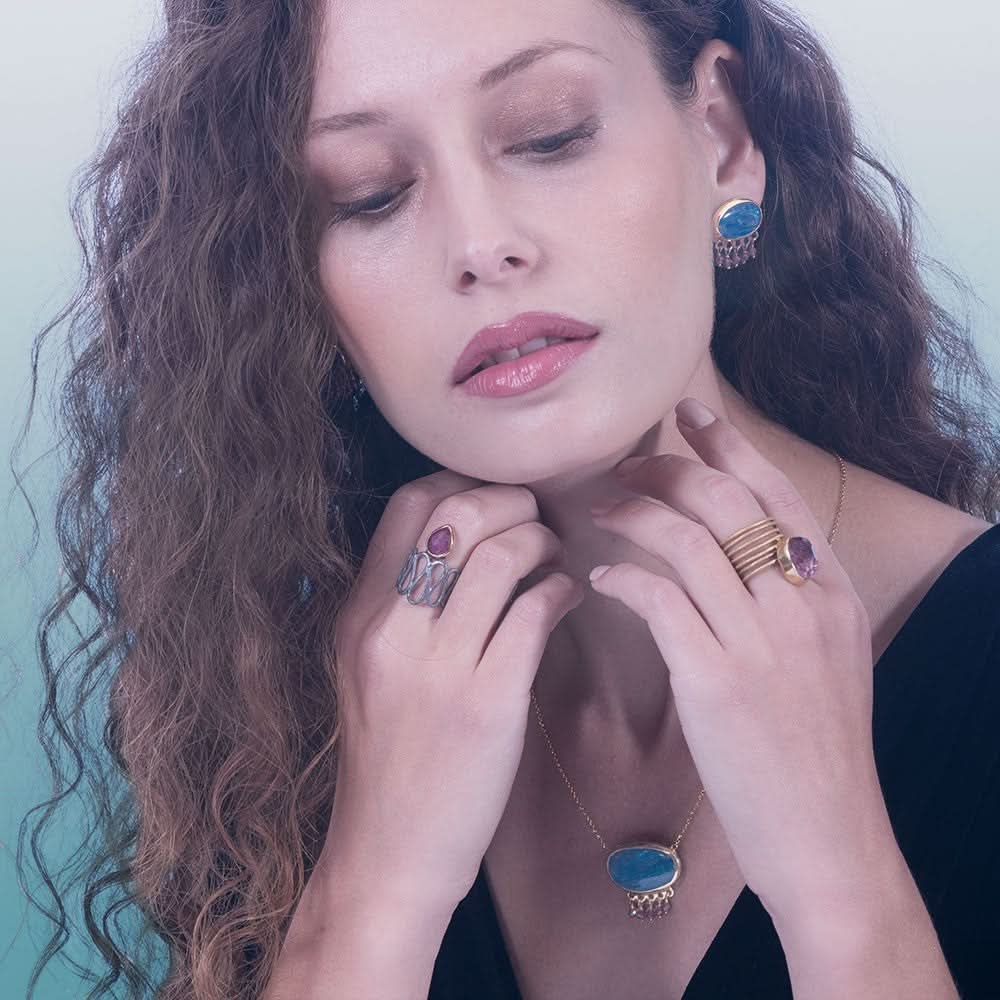 Handmade Black & Gold Plated Silver Ring With A Ruby Quartz Gemstone - Anthos Crafts