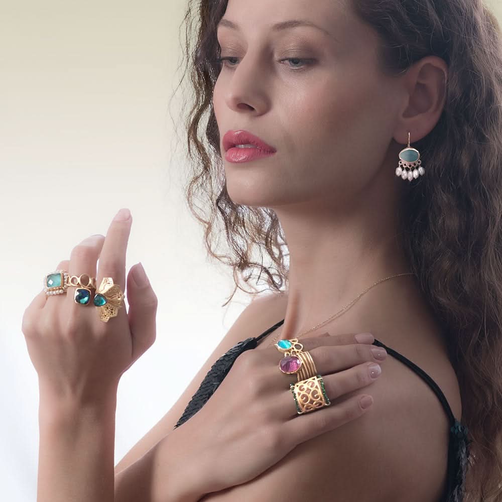 Handmade Gold Plated Silver Drop Earrings With Chalcedony Stones & Pearls - Anthos Crafts