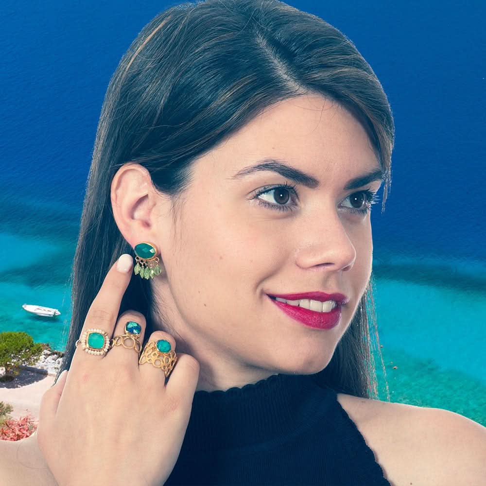 Handmade Gold Plated Silver Stud Earrings With Onyx &amp; Peridot Gemstones - Anthos Crafts