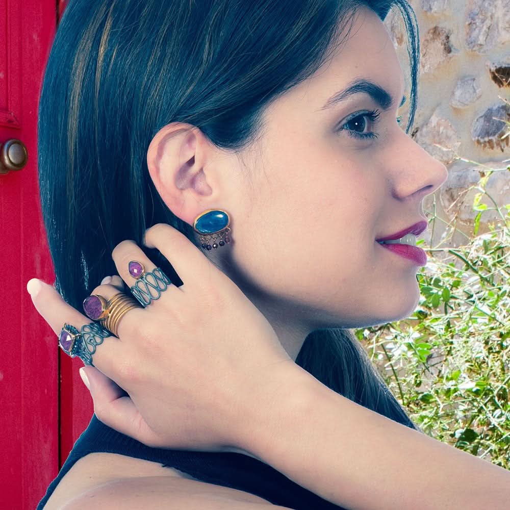 Handmade Black & Gold Plated Silver Ring With A Ruby Quartz Gemstone - Anthos Crafts