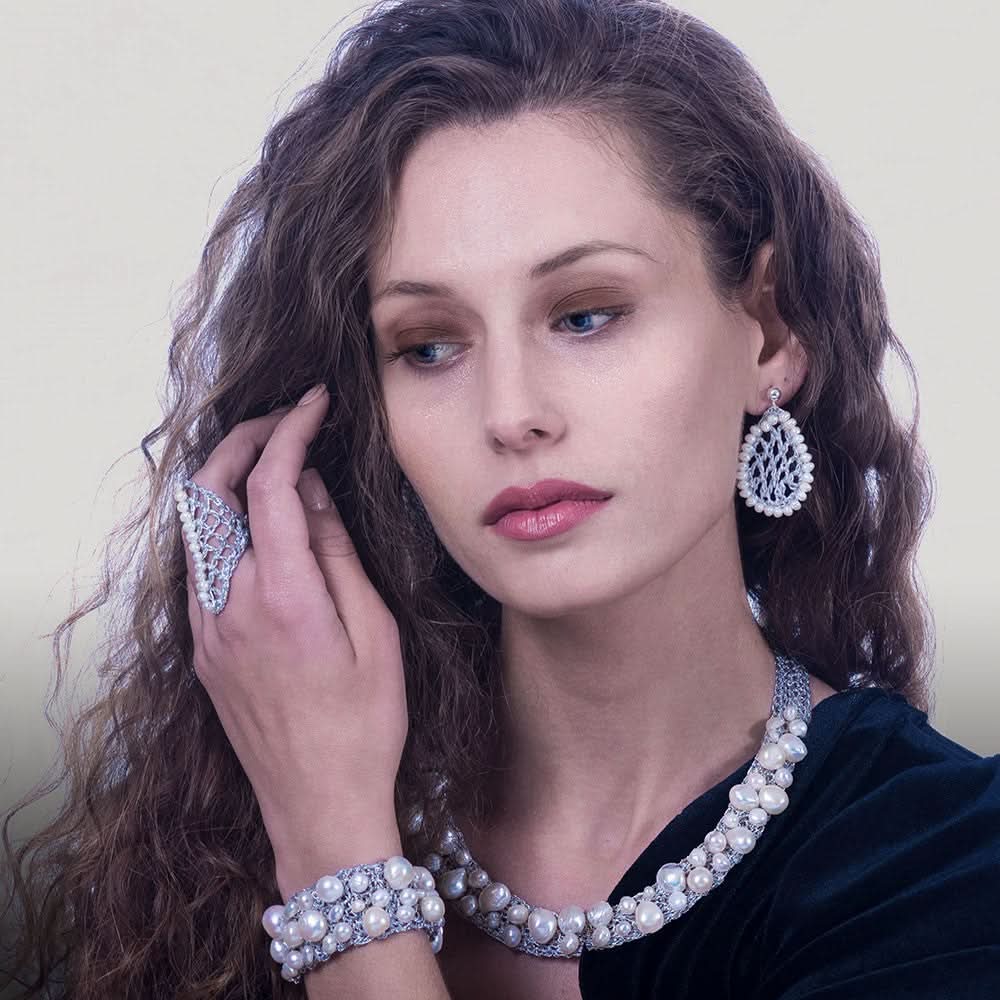 Handmade Silver Plated Crochet Choker Necklace with Pearls - Anthos Crafts